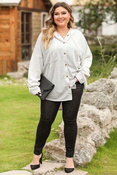 Plus Size Button Up Drawstring Long Sleeve Hoodie - Immenzive