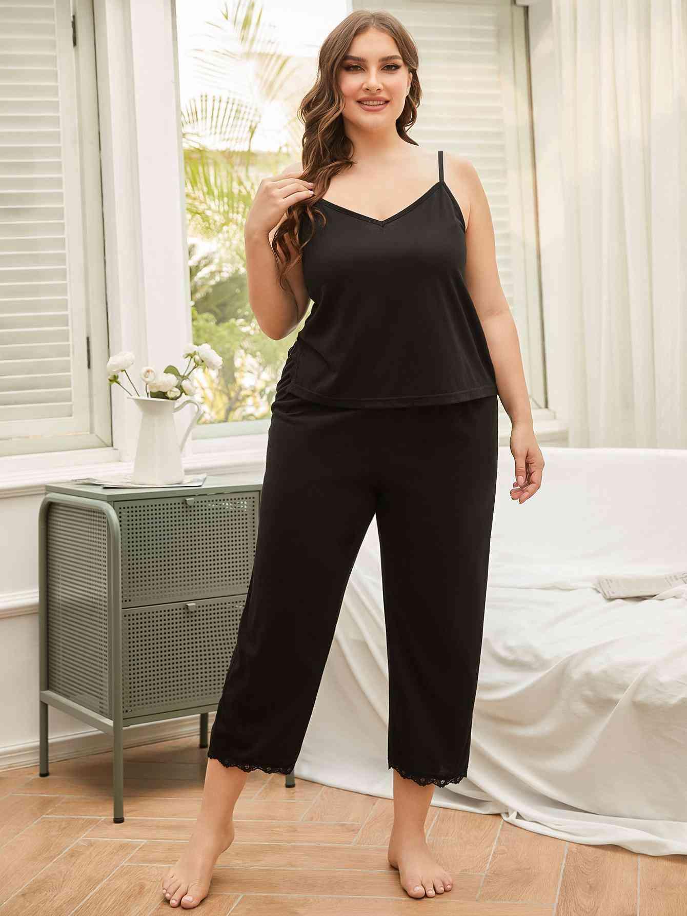 Plus Size Lace Trim Slit Cami and Pants Pajama Set - Immenzive