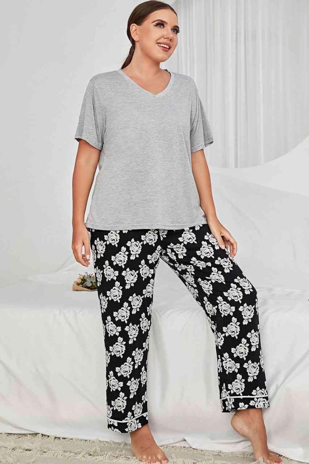 Plus Size V-Neck Tee and Floral Pants Lounge Set - Immenzive