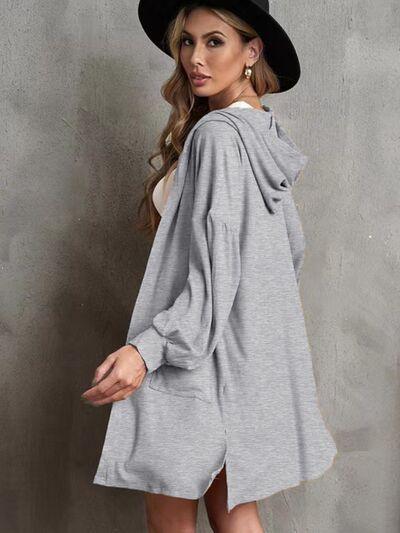 Pocketed Slit Open Front Hooded Cardigan - Immenzive