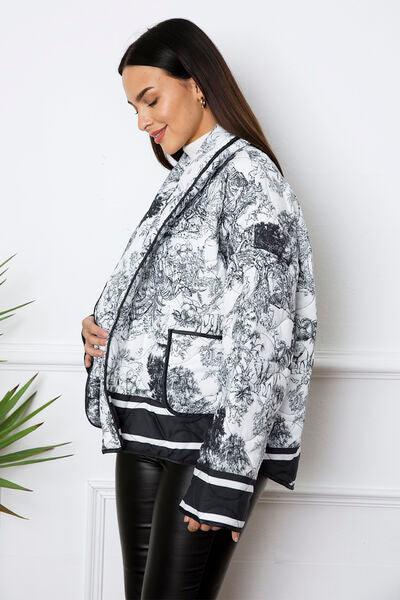 Printed Long Sleeve Winter Coat with Pockets - Immenzive