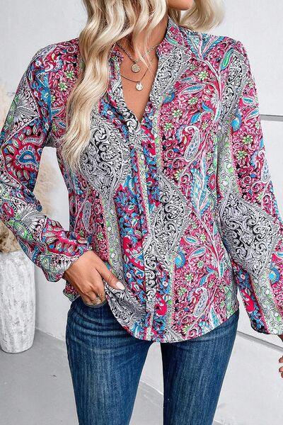 Printed Notched Long Sleeve Shirt - Immenzive