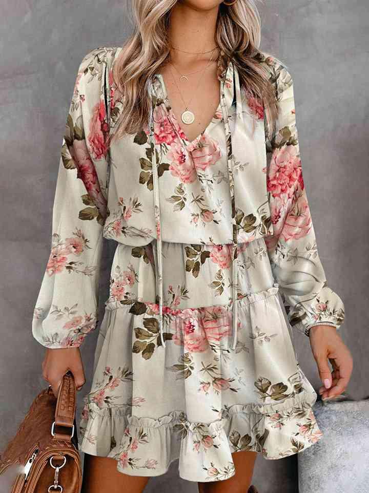 Printed Tie Neck Long Sleeve Dress - Immenzive