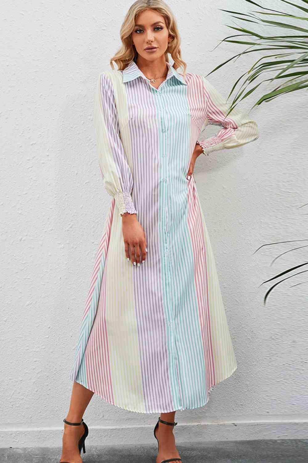Rainbow Stripe Button-Up Maxi Shirt Dress - Immenzive