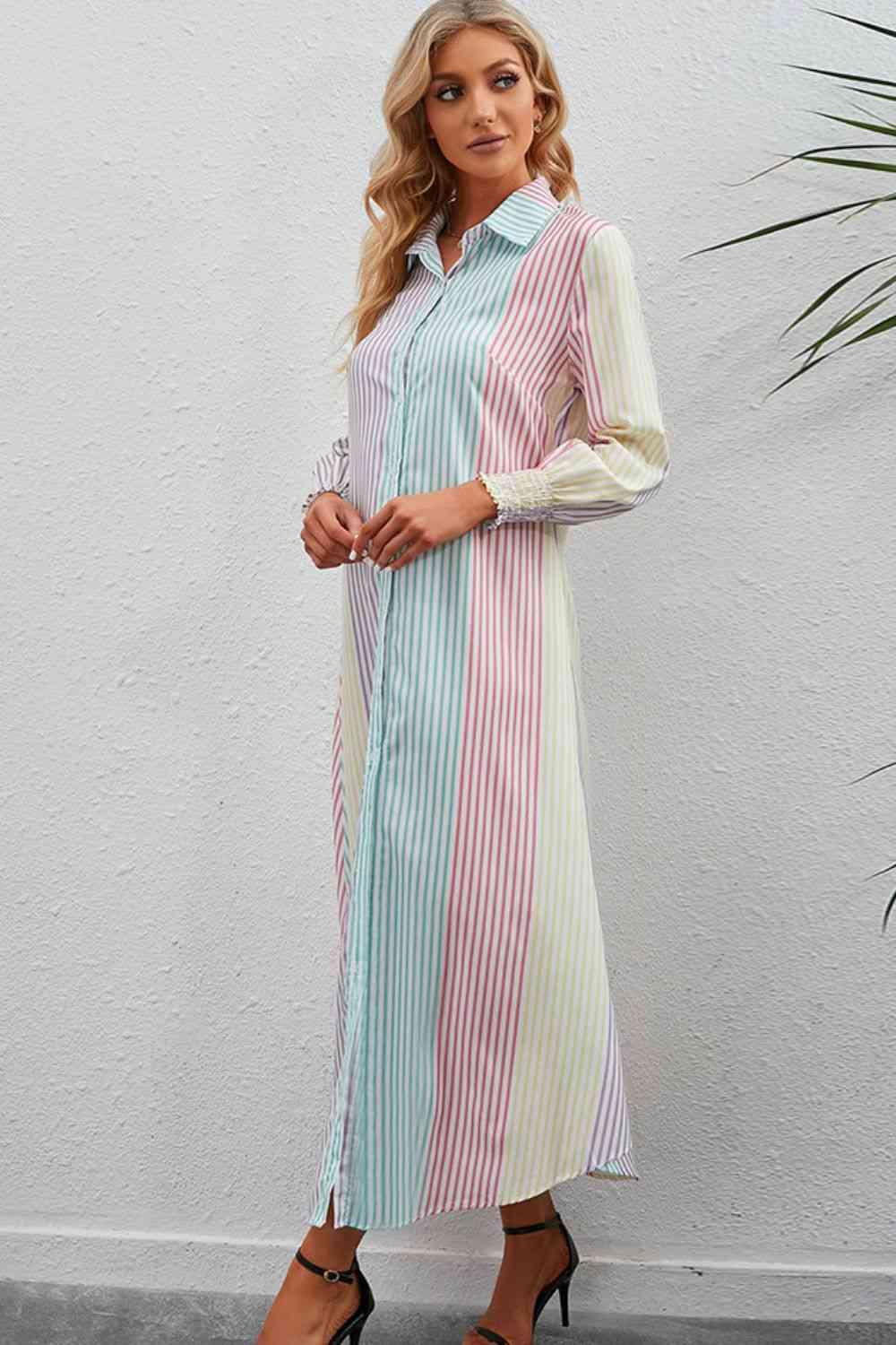 Rainbow Stripe Button-Up Maxi Shirt Dress - Immenzive