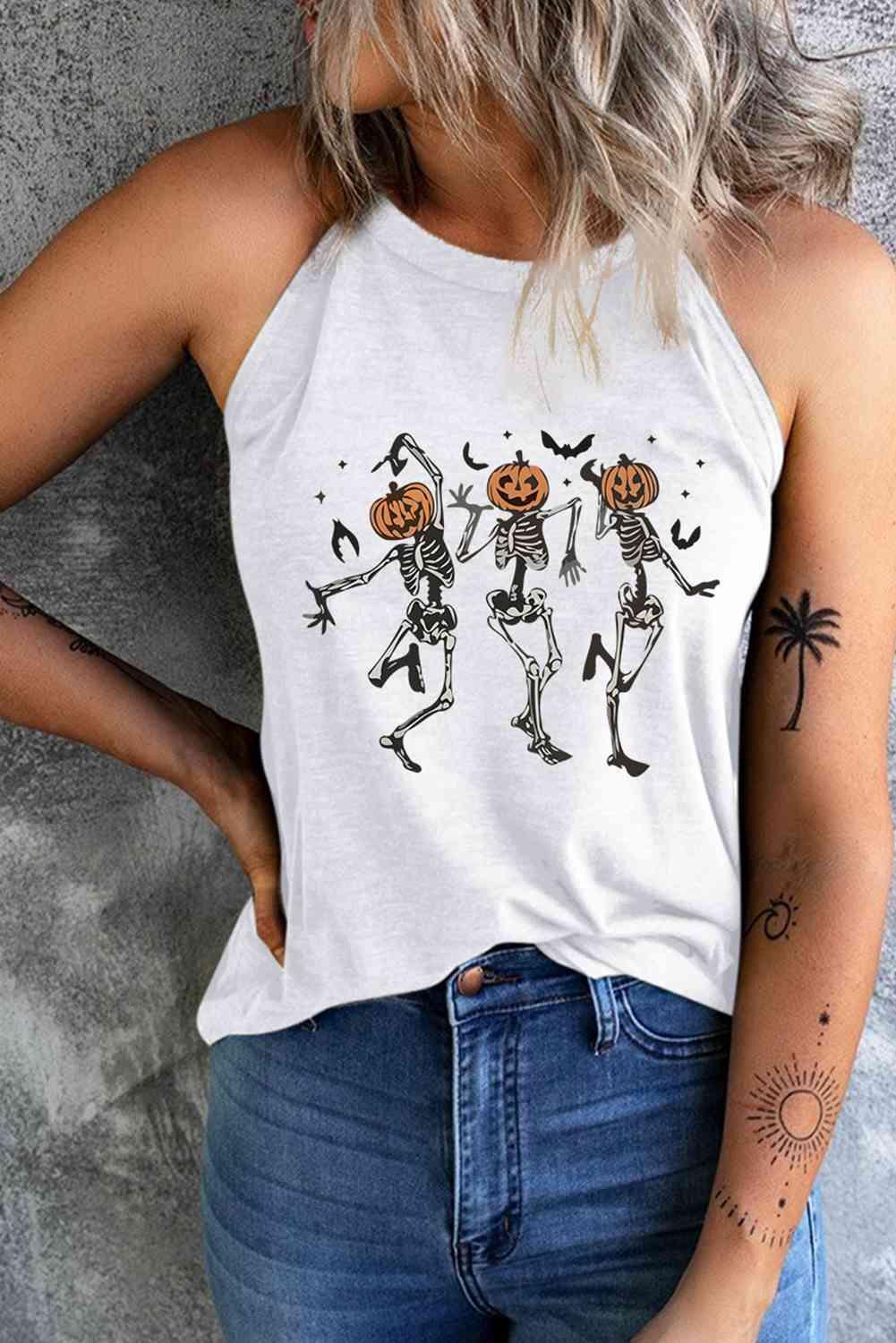 Round Neck Dancing Pumpkin Head Skeleton Graphic Tank - Immenzive