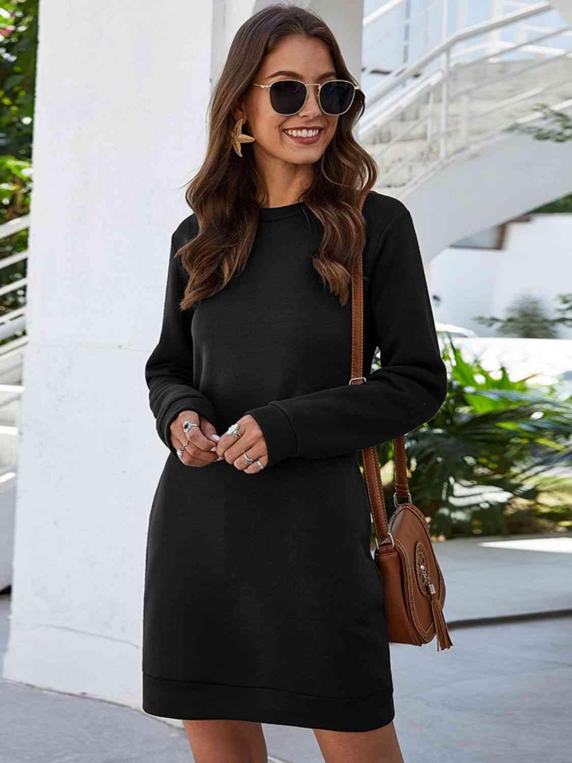 Round Neck Long Sleeve Mini Dress with Pockets - Immenzive