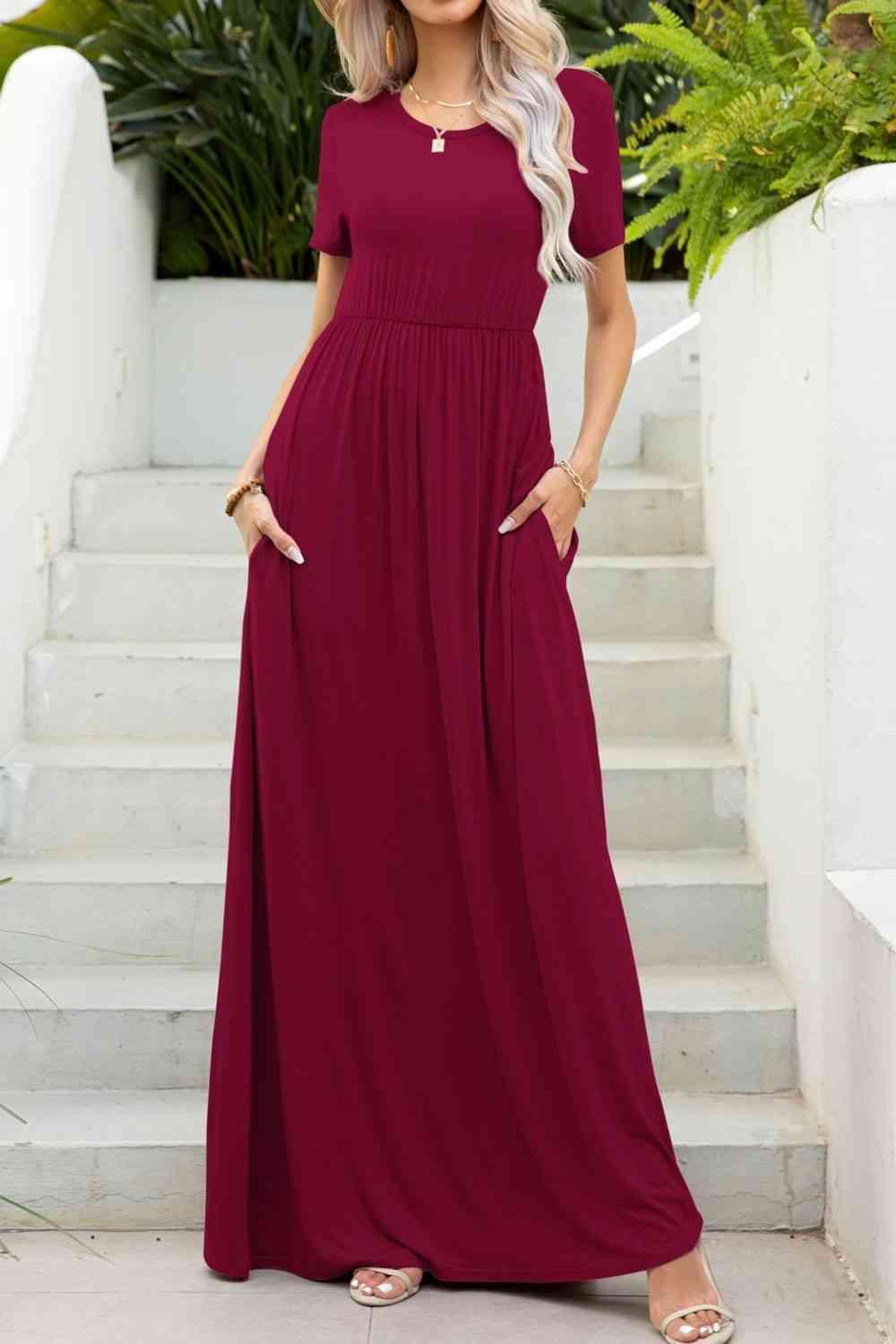 Round Neck Maxi Tee Dress with Pockets - Immenzive