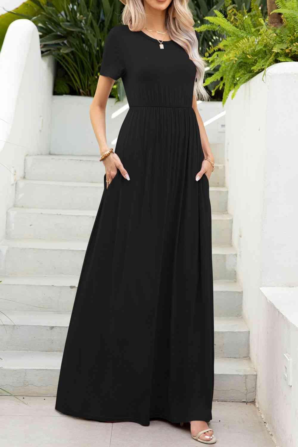 Round Neck Maxi Tee Dress with Pockets - Immenzive