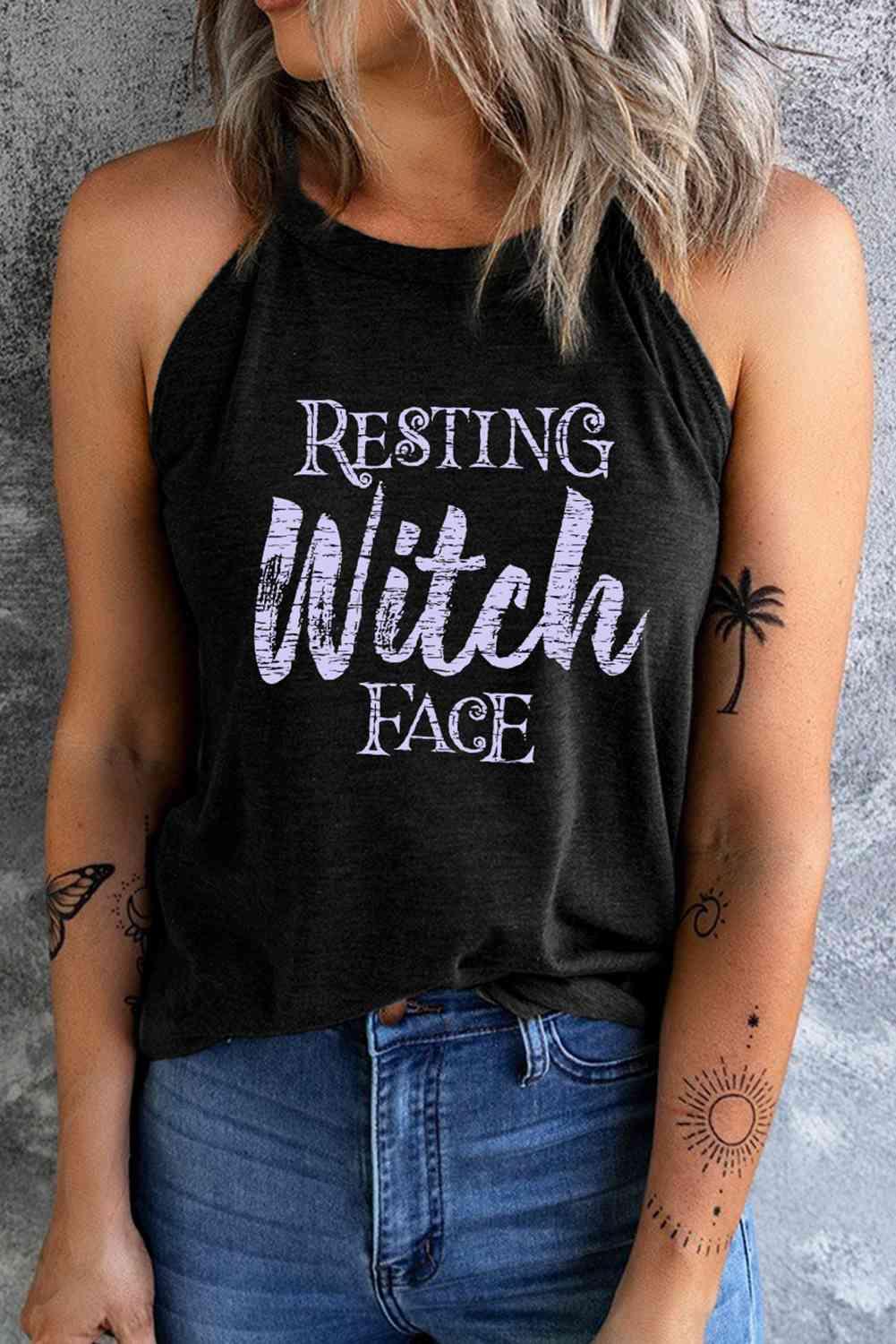 Round Neck RESTING WITCH FACE Graphic Tank Top - Immenzive