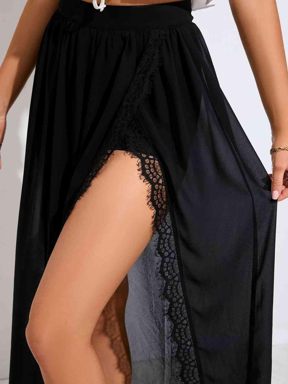 Scalloped Lace Trim Split Skirt - Immenzive