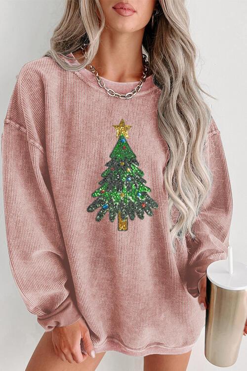 Sequin Christmas Tree Ribbed Drop Shoulder Sweatshirt - Immenzive