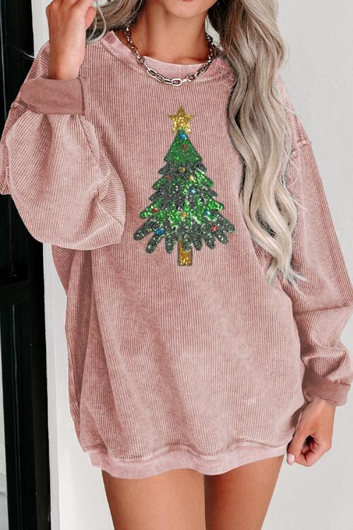 Sequin Christmas Tree Ribbed Drop Shoulder Sweatshirt - Immenzive