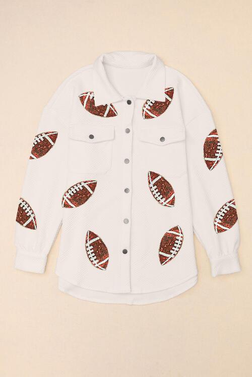 Sequin Football Patch Collared Neck Snap Button Jacket - Immenzive