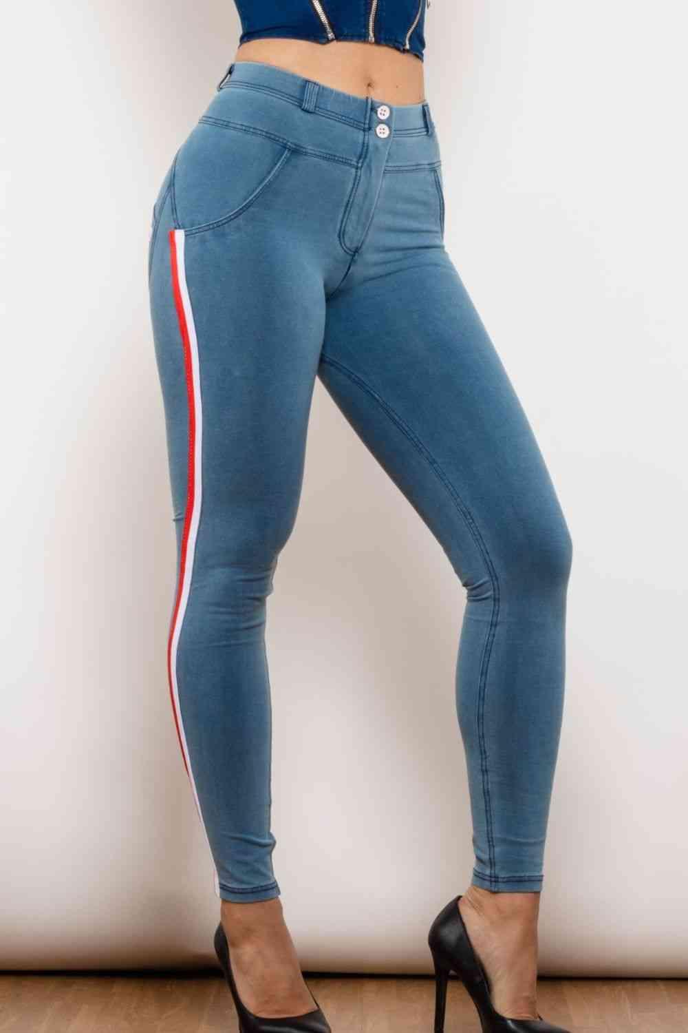 Side Stripe Contrast Buttoned Skinny Jeans - Immenzive