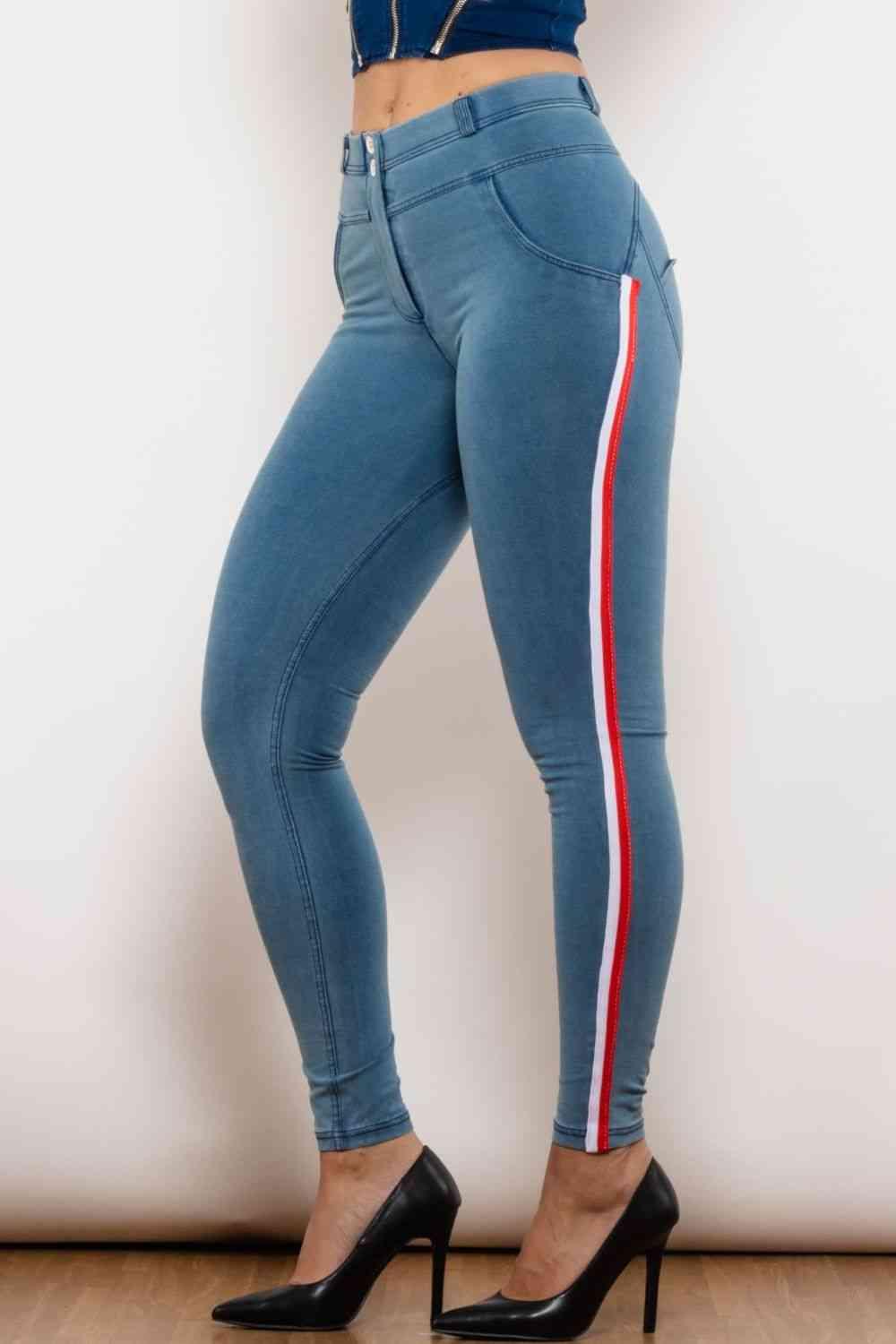 Side Stripe Contrast Buttoned Skinny Jeans - Immenzive