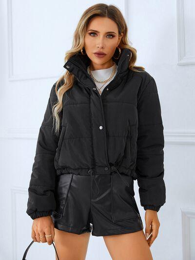 Snap and Zip Closure Drawstring Cropped Winter Coat - Immenzive