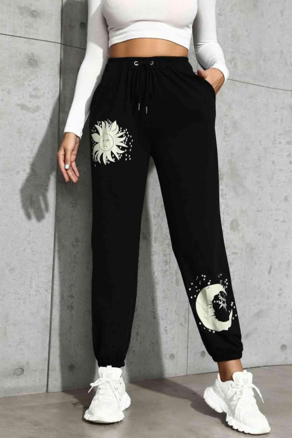 Sun and Moon Graphic Drawstring Joggers - Immenzive