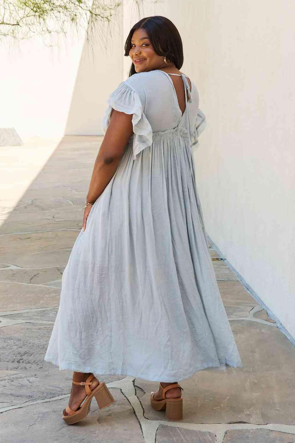 Sweet Lovely By Jen Full Size Drawstring Deep V Butterfly Sleeve Maxi Dress - Immenzive