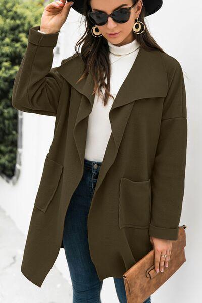 Waterfall Collar Brushed Longline Coat with Pockets - Immenzive