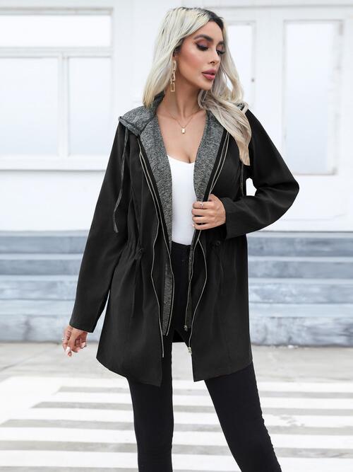 Zip Up Drawstring Hooded Trench Coat - Immenzive