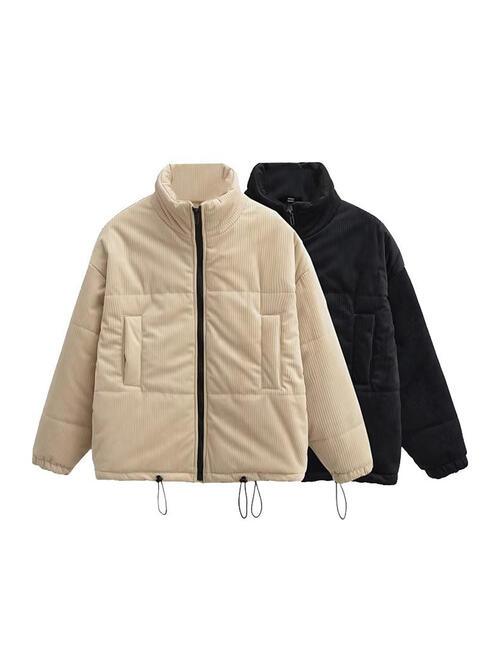Zip Up Drawstring Winter Coat with Pockets - Immenzive