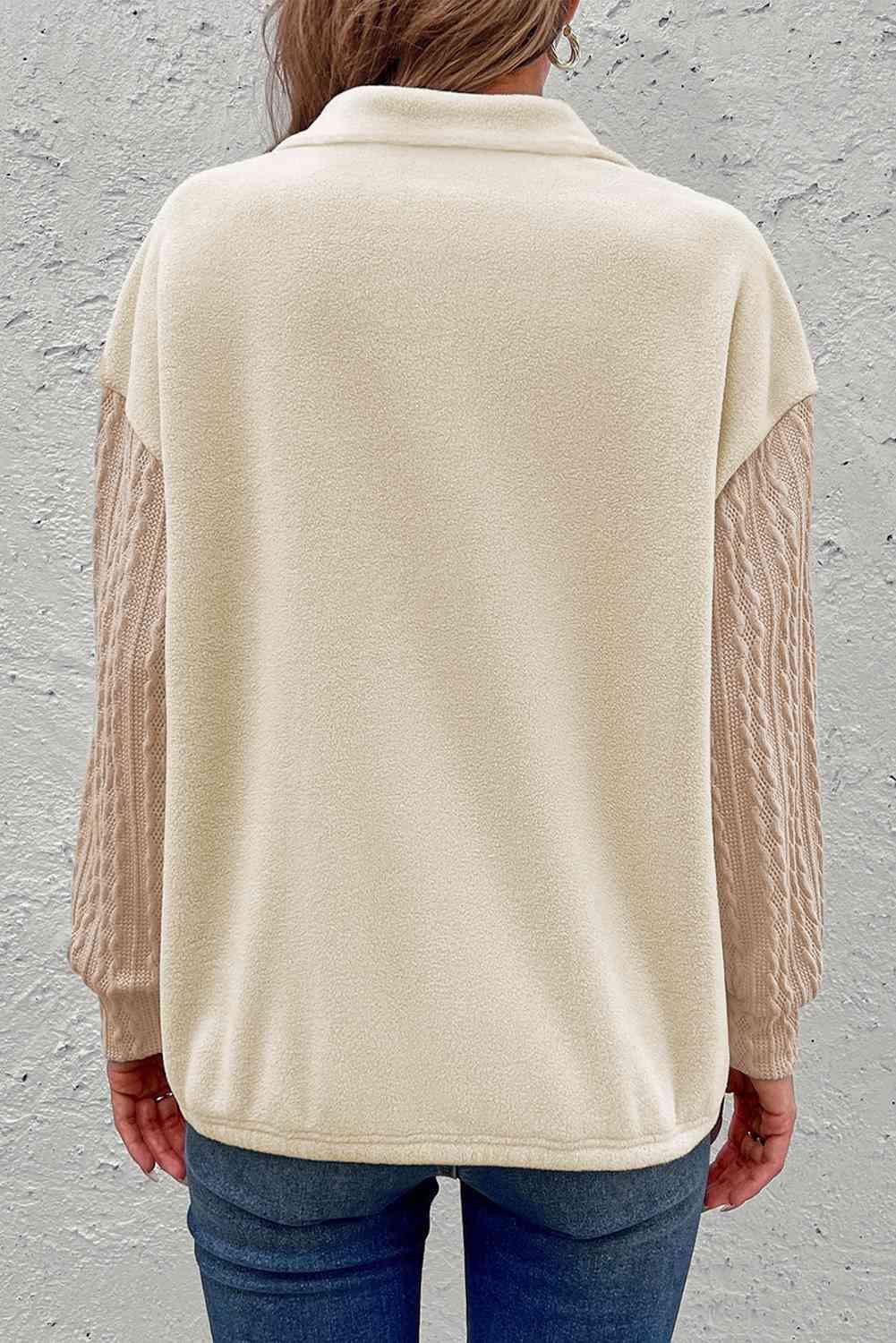 Zip-Up Dropped Shoulder Cable-Knit Sweatshirt - Immenzive