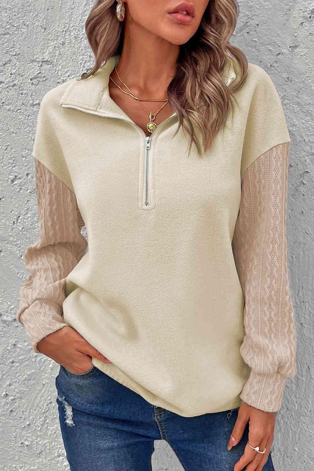 Zip-Up Dropped Shoulder Cable-Knit Sweatshirt - Immenzive
