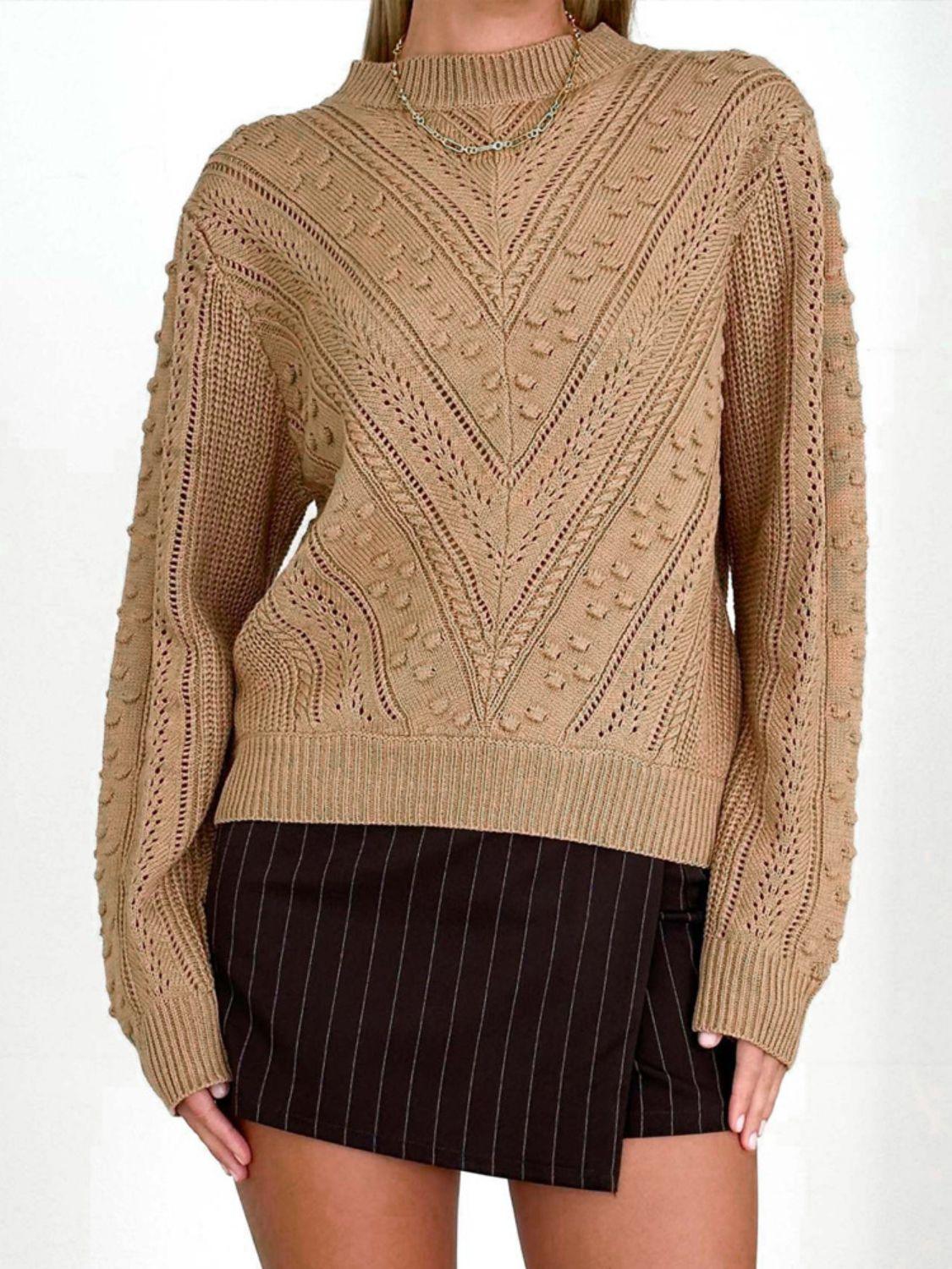 Openwork Round Neck Long Sleeve Sweater - Immenzive