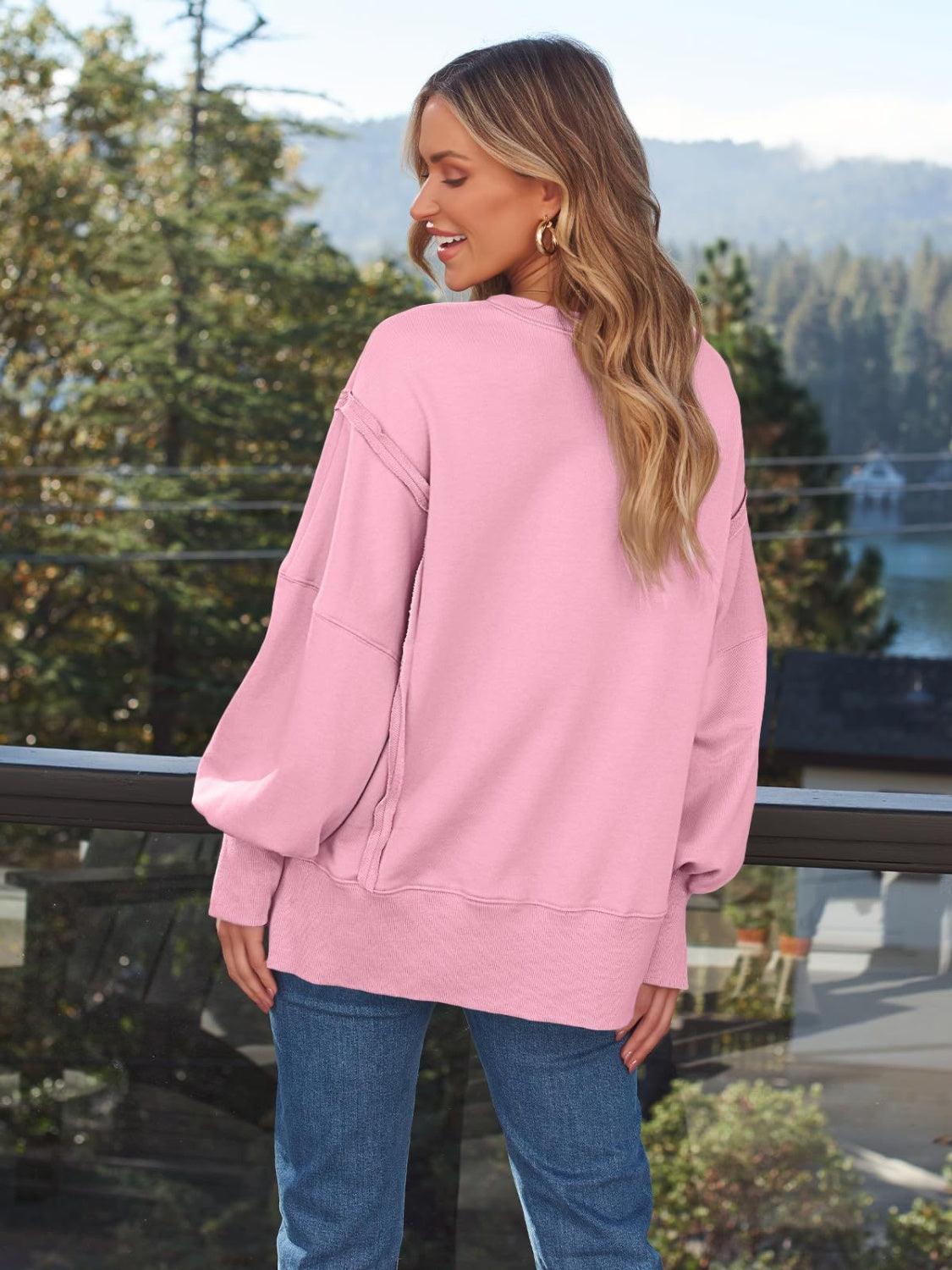 Slit Round Neck Long Sleeve Sweatshirt - Immenzive