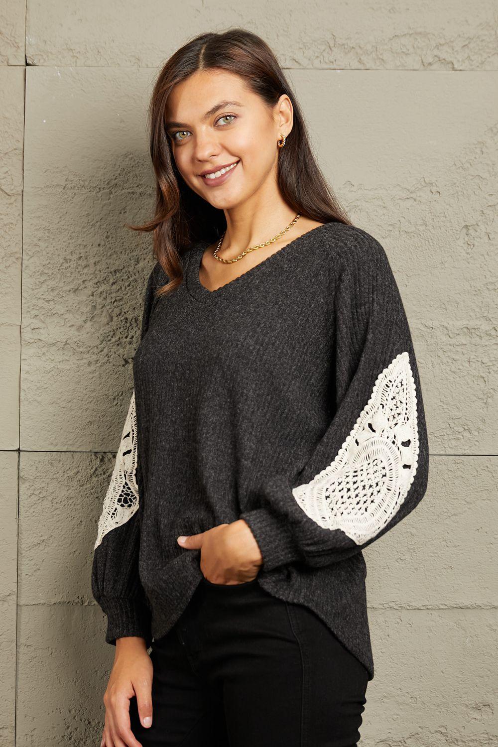 Sew In Love Full Size Lace Patch Detail Sweater - Immenzive