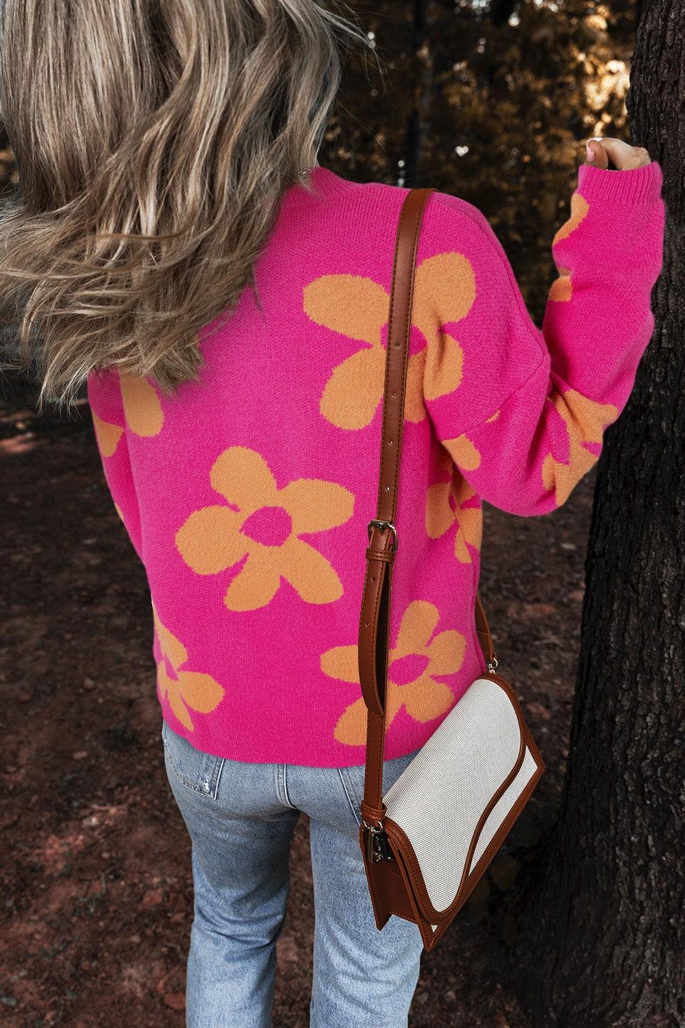 Flower Round Neck Long Sleeve Sweater - Immenzive