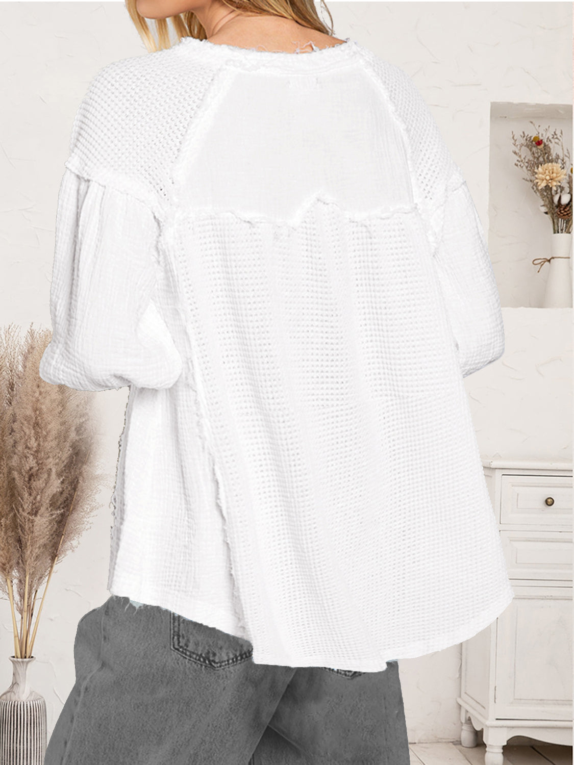 Waffle Knit Half Button Raw Hem Blouse