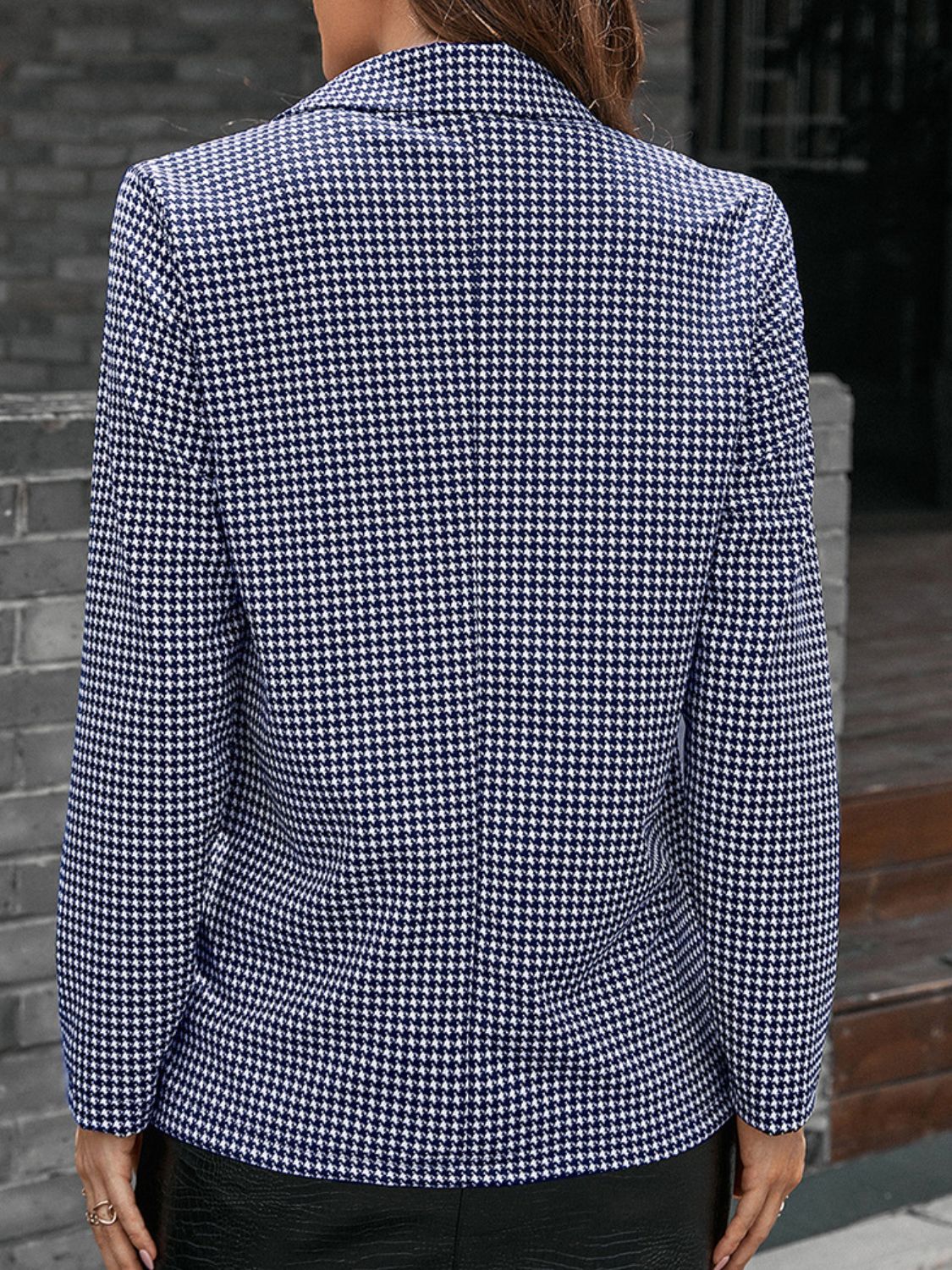 Ivy Lane Houndstooth Lapel Collar Long Sleeve Blazer