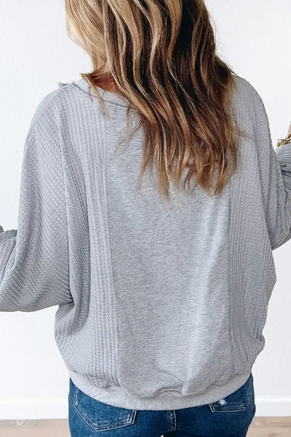 Waffle-Knit Round Neck Long Sleeve Top