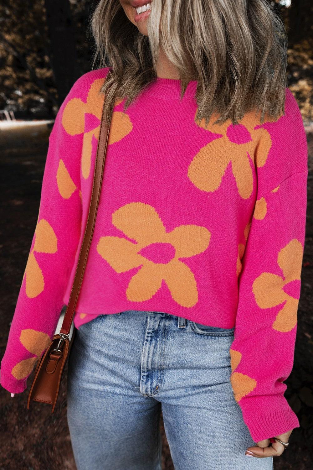 Flower Round Neck Long Sleeve Sweater - Immenzive