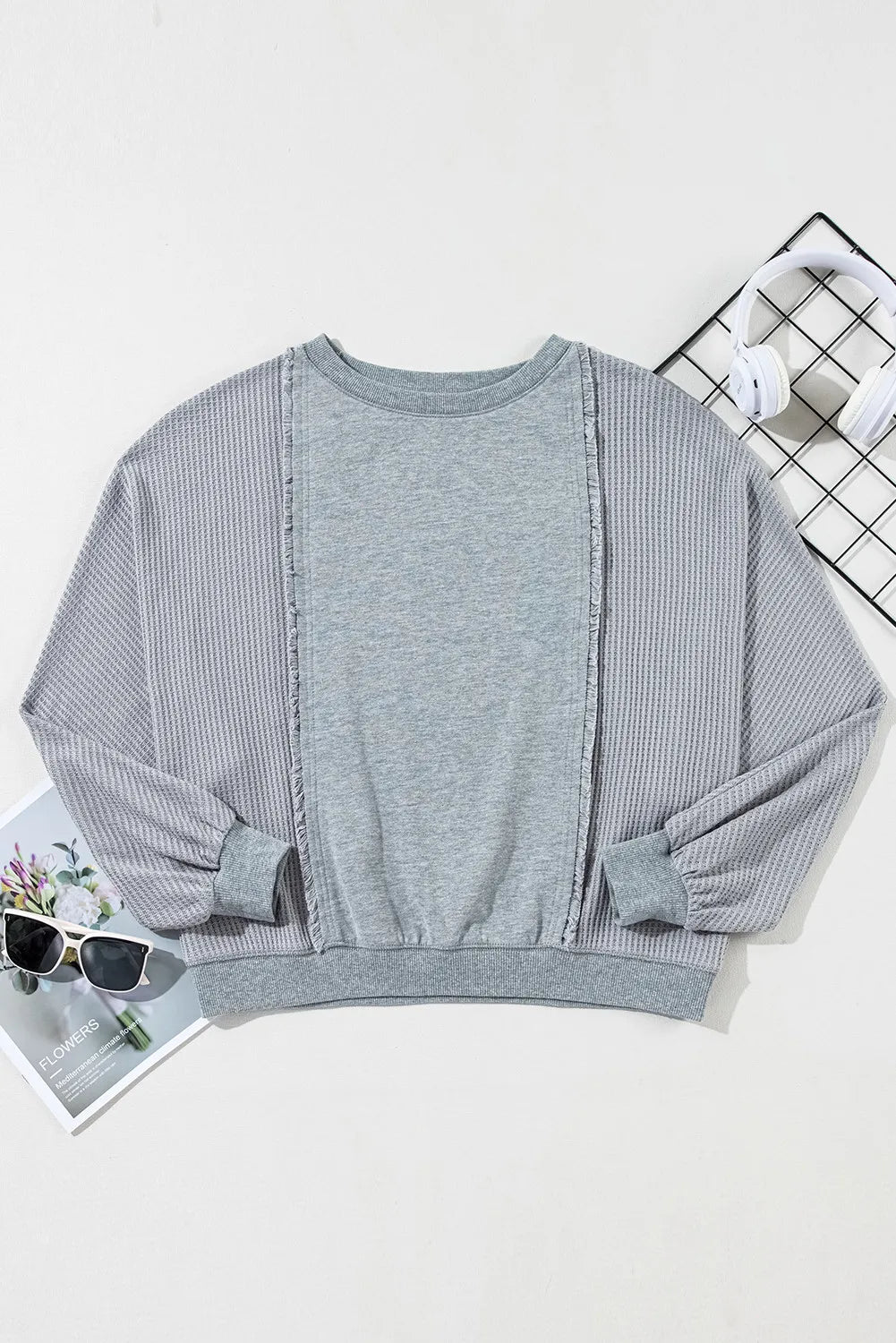 Waffle-Knit Round Neck Long Sleeve Top