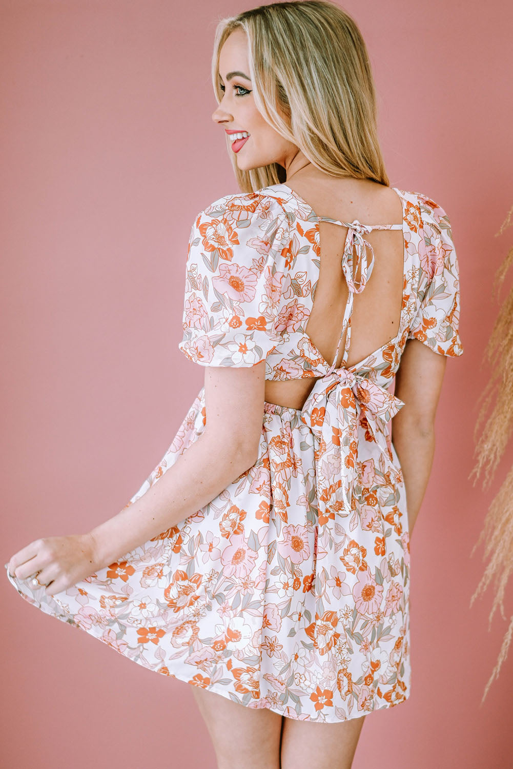 Floral Tie-Back Puff Sleeve Dress - Immenzive