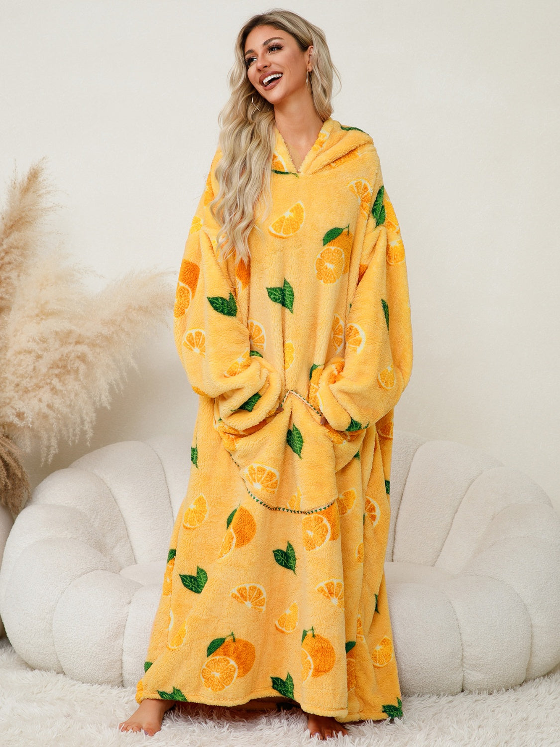 Fuzzy Pocketed Long Sleeve Hooded Lounge Dress