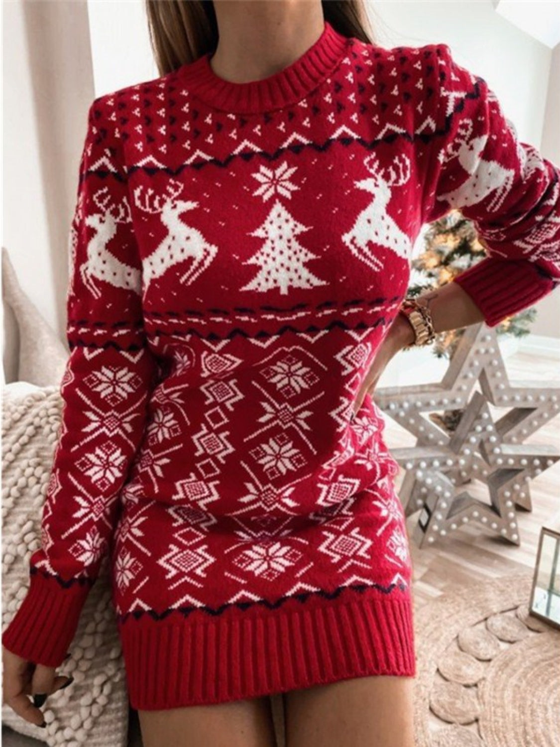 Reindeer & Snowflake Round Neck Sweater Dress - Immenzive