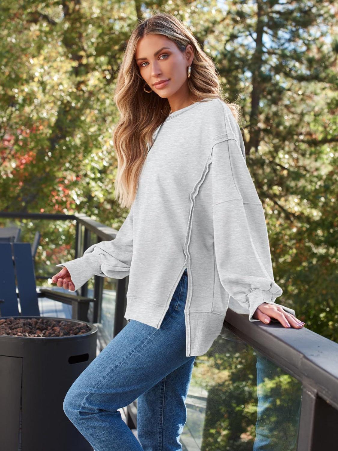 Slit Round Neck Long Sleeve Sweatshirt - Immenzive