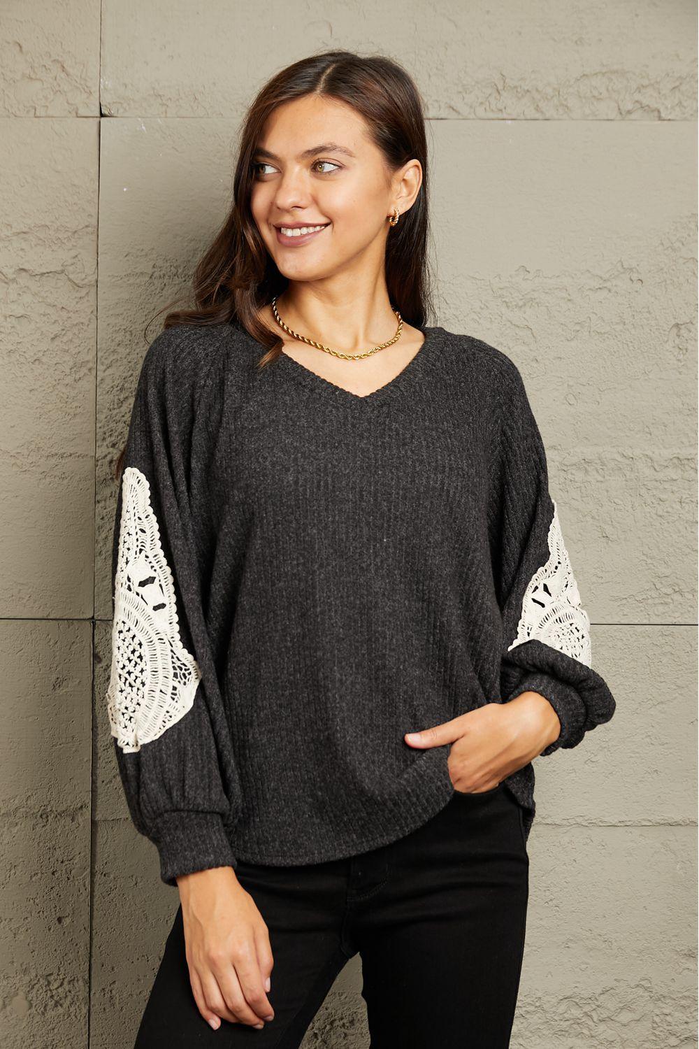 Sew In Love Full Size Lace Patch Detail Sweater - Immenzive