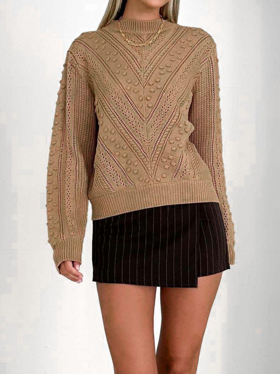 Openwork Round Neck Long Sleeve Sweater - Immenzive