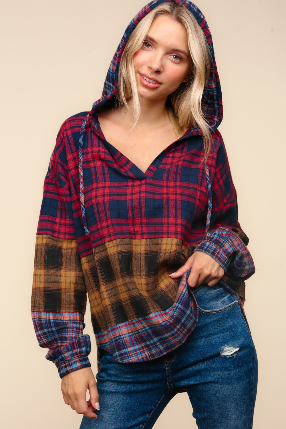 Haptics Plaid Edge Cut Detail Hooded Top