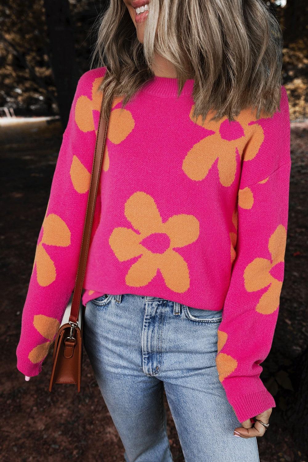 Flower Round Neck Long Sleeve Sweater - Immenzive