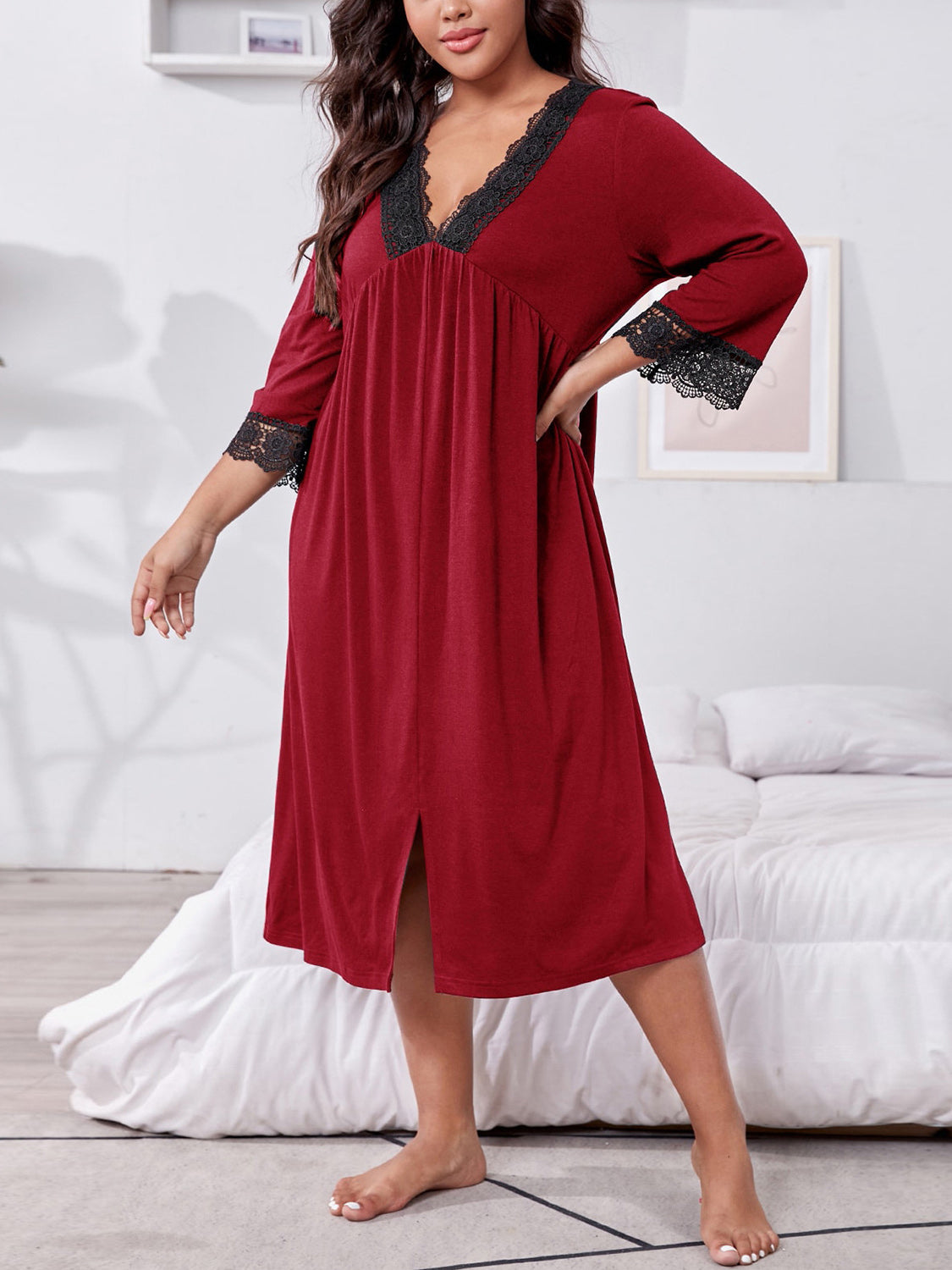 Plus Size Lace Detail V-Neck Lounge Dress