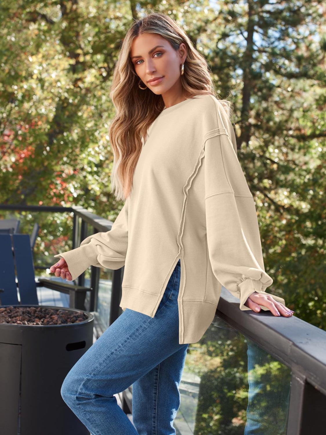 Slit Round Neck Long Sleeve Sweatshirt - Immenzive