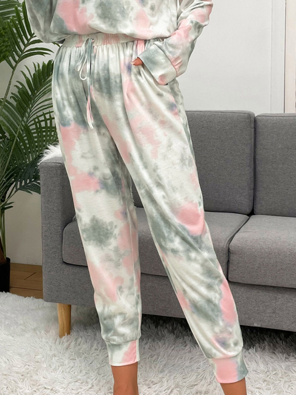 Shiny Tie-Dye Round Neck Top and Drawstring Pants Lounge Set