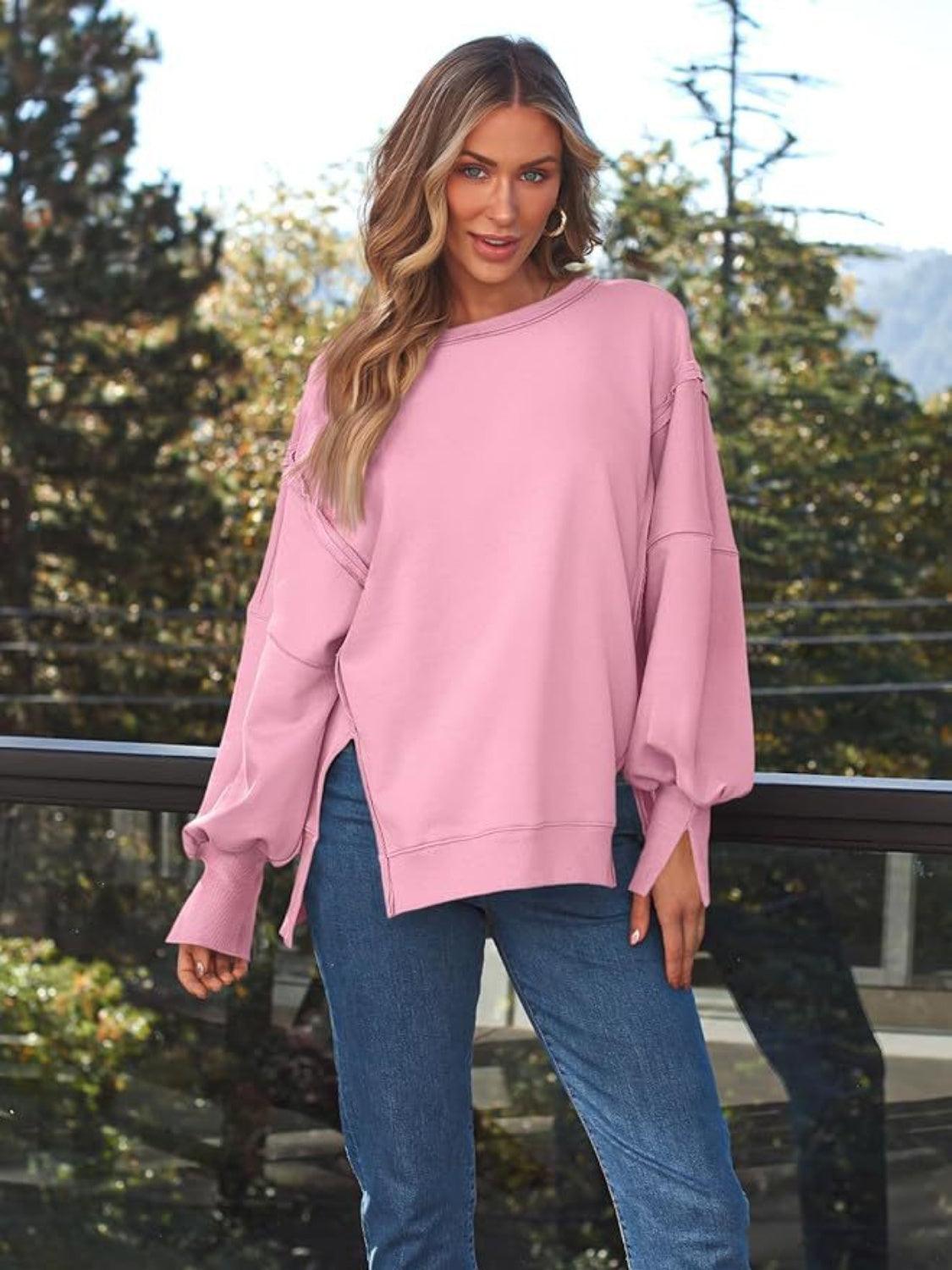 Slit Round Neck Long Sleeve Sweatshirt - Immenzive