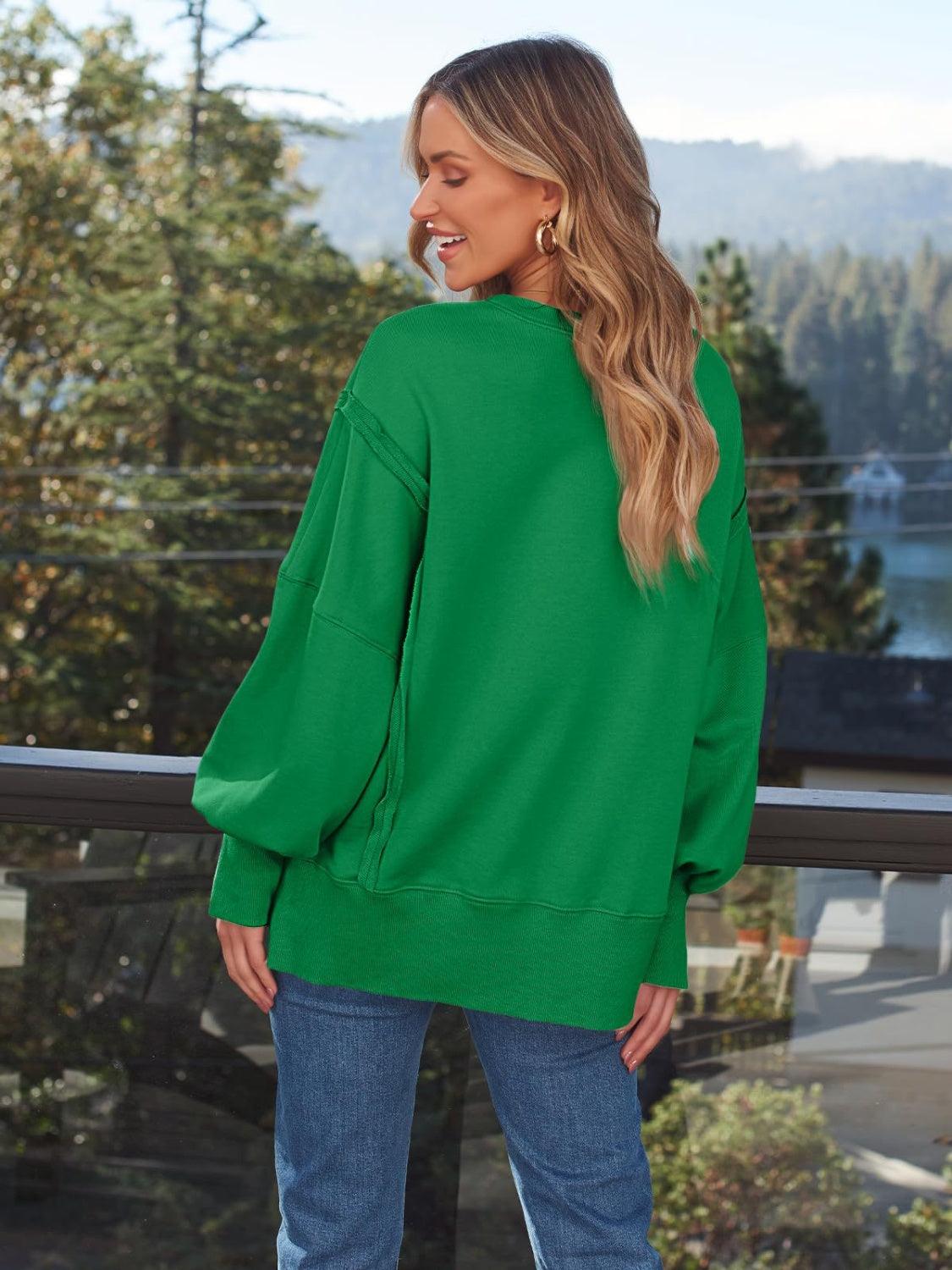 Slit Round Neck Long Sleeve Sweatshirt - Immenzive